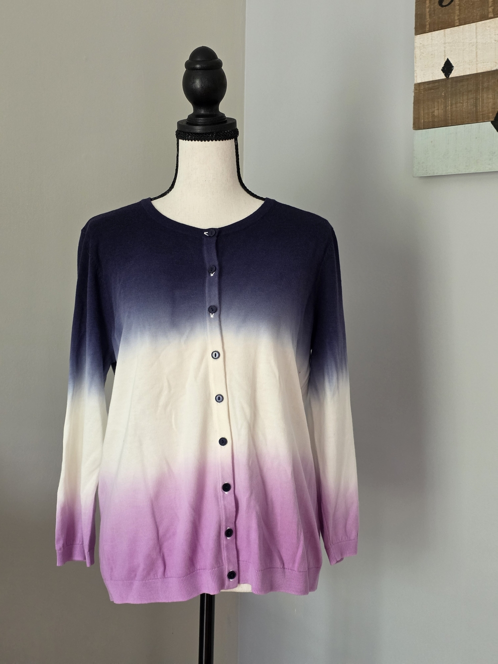 Talbots Petite Navy Ombre Crewneck Button Cardigan